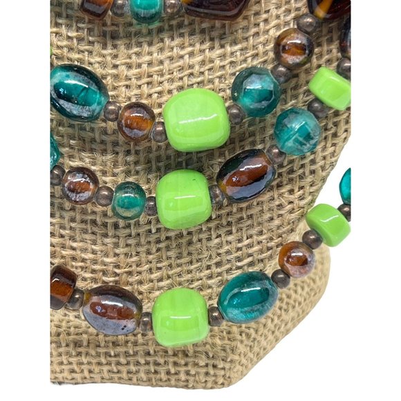 Multi Strand Seed Bead Necklace Glass Beads Green Blue Brown Copper Adj 24" - Picture 2 of 5